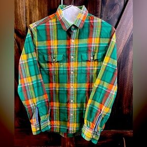 Bonobos Shirt Men Med Green yellow orange red Long Sleeve Plaid Flannel Outdo or